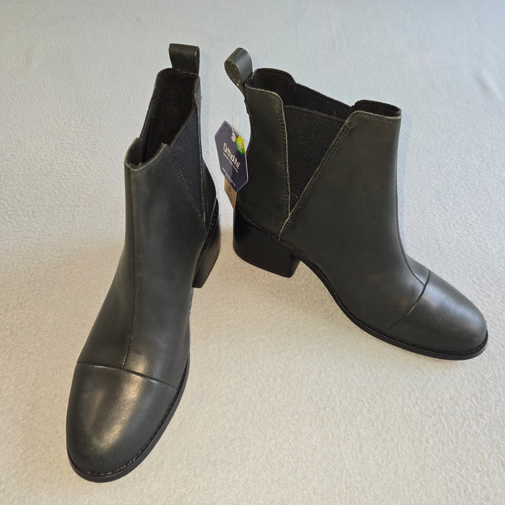TOMS Marina Chelsea Boots Womens 7.5 Black Leather Block Heel‎ Cap Toe New